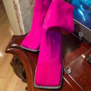 Hot Pink Rhinestone Stiletto Boots – Square Toe, Glam Western Style - Size 7